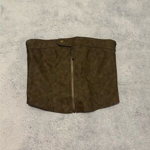 Edikted Olive Brown Faux Suede High-Waist Mini Skirt with Front Zip